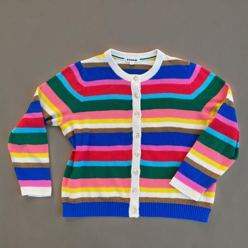 Boden Callie Rainbow Stripe Crochet Trim Cotton Cardigan Sweater XL